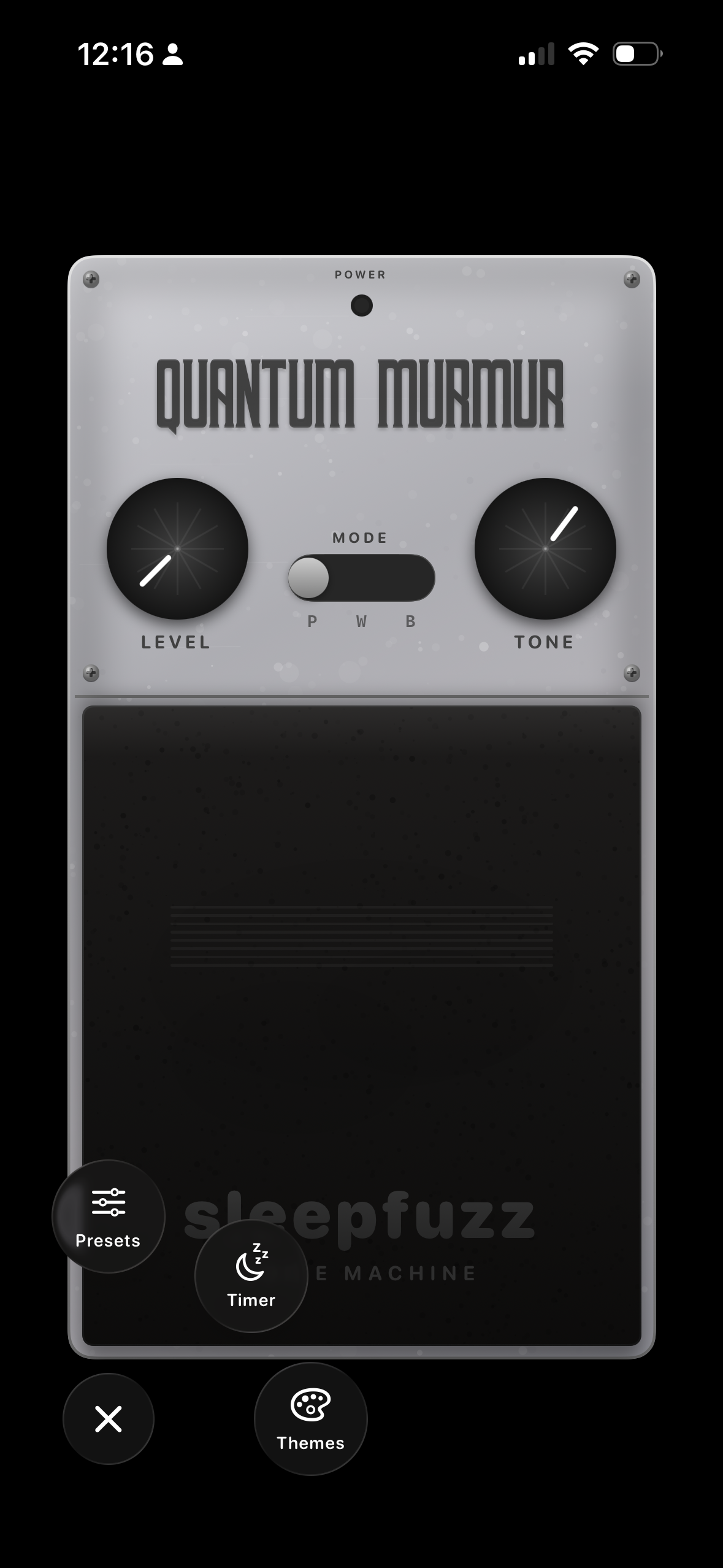SleepFuzz menu for themes, presets, and sleep timer